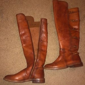 Cognac knee boots w/ closures and zippers